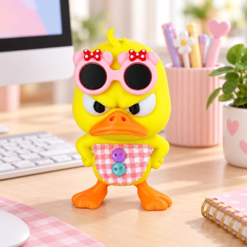 Angry Duck Statues, 2-Piece 3D-Printed Animal Figurines Set Wearing Pink Bowknot Sunglasses and Gingham Aprons for Tabletop Shelf Displays