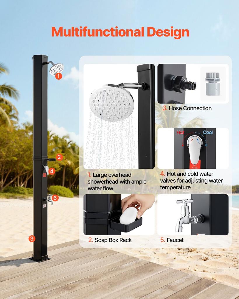 35L Solar Heated Shower, 195cm Showerhead Height Outdoor Shower, with Foot Faucet & Soap Box Rack, Hot & Cold Water Adjustment, Freestanding for