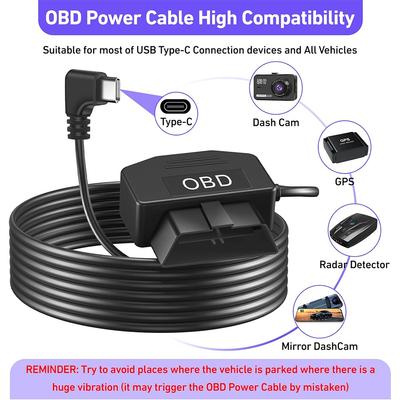 OBDII Power Cable For Dash Camera OBDII Power Cable OBD To Type-C Adapter 12-24V To 5V/3A Battery Protection