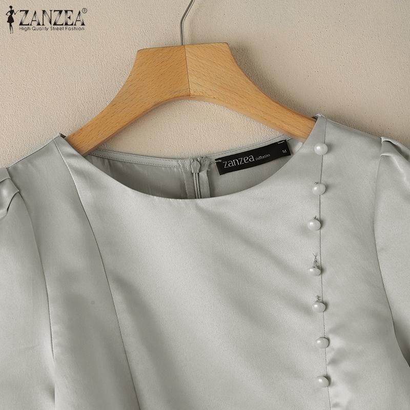 ZANZEA Women Casual Round Neck 3/4 Sleeve Elegant Plain Blouse