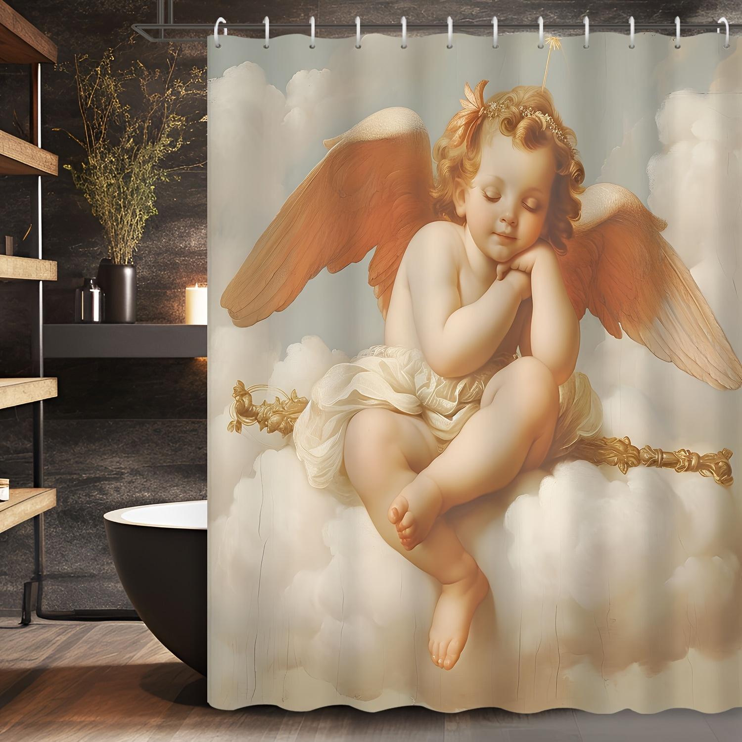 

1Pc Shower Curtain - Serene Angel With Golden Wings Sleeping On Clouds Design Waterproof W60H190(CM)-1 Pcs