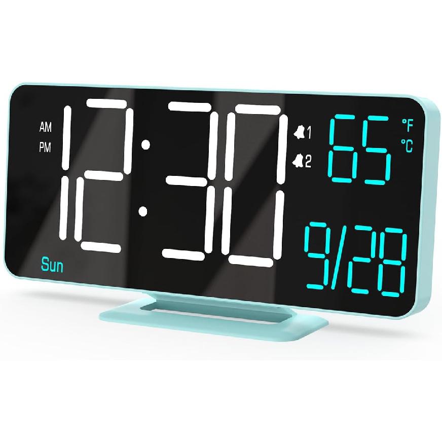 KOSUMOSU Digital Clock for Bedroom 6.7in Small Digital Alarm Clock Black, Dimming,12/24h,Date,Day of Week, Indoor Temperature,Desk Clocks for