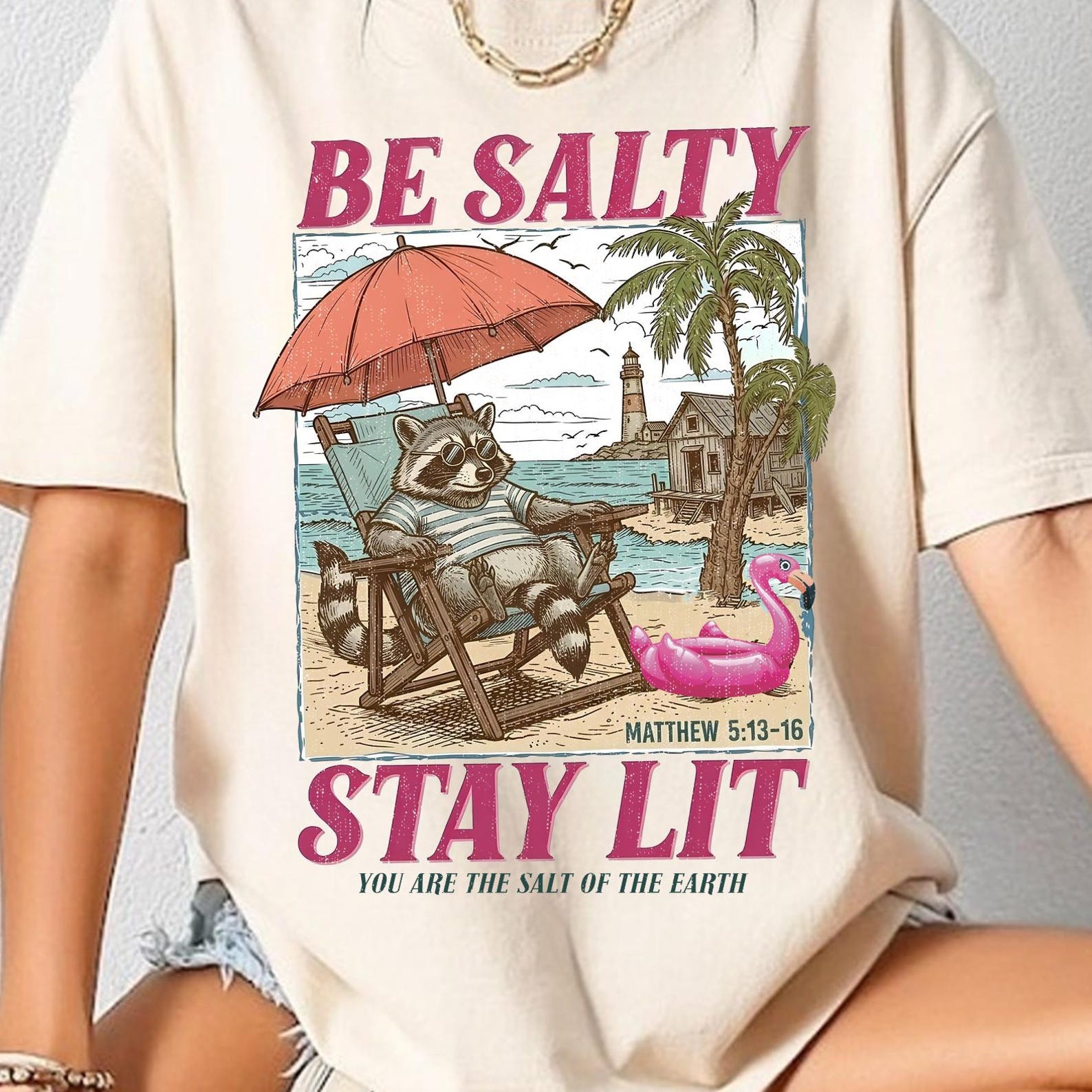 Christian Be Salty Stay Lit Shirt, Funny Racoon Tshirt, Christianity Shirt, Trendy Faith Shirts, Religious Gift, Beach Christian Merch L