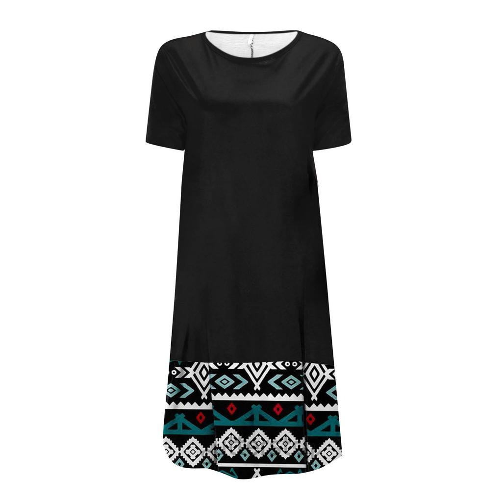 Women's Fashionable Casual Ethnic Printed Retro Round Neck Short Sleeve Dress