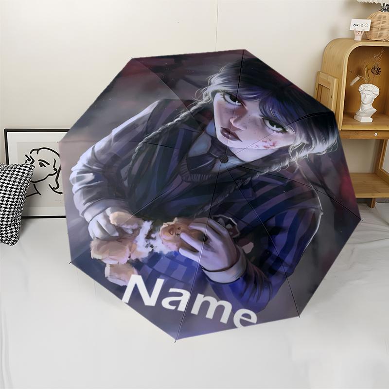 Custom Name Wednesday Theme Automatic Umbrella, Lightweight & Portable, 8 Rib, Perfect for Outdoor Travel, Birthdays, Christmas, Gifts.