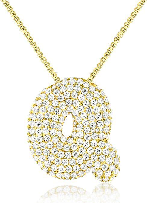 Stainless Steel Bubble Letter Initial Pendant Chunky Women Personality Jewelry Zircon Gold Plated Balloon 26 Letter Necklaces