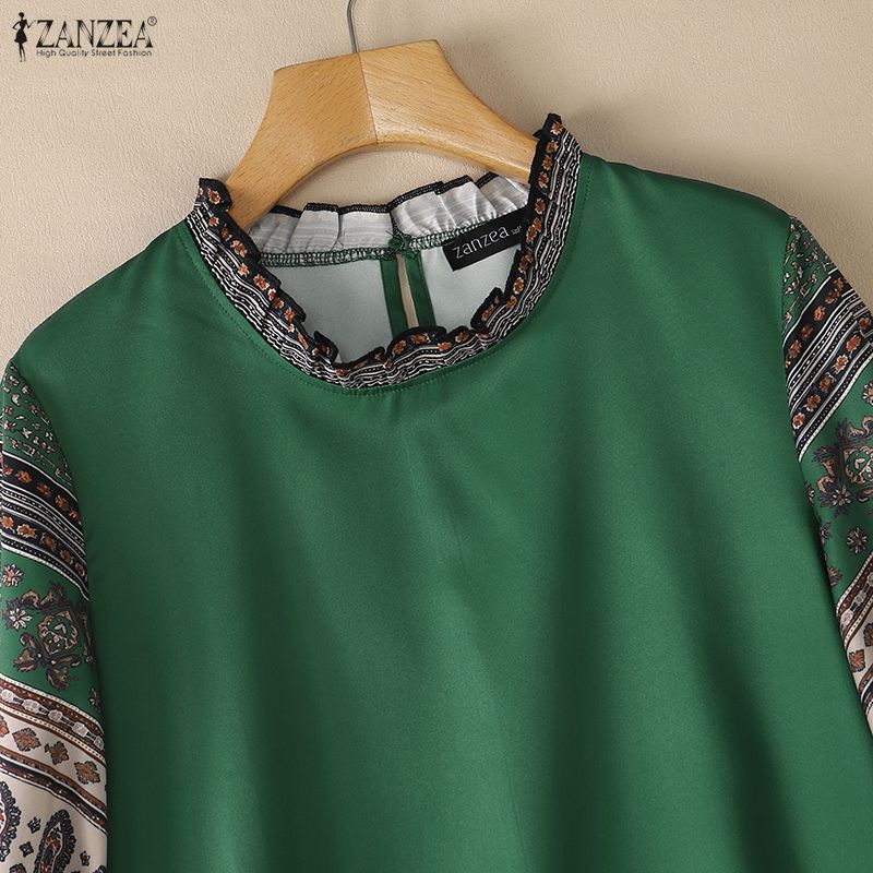 ZANZEA Women Ethnic Print Splice Round Neck Loose Half Sleeve Blouse