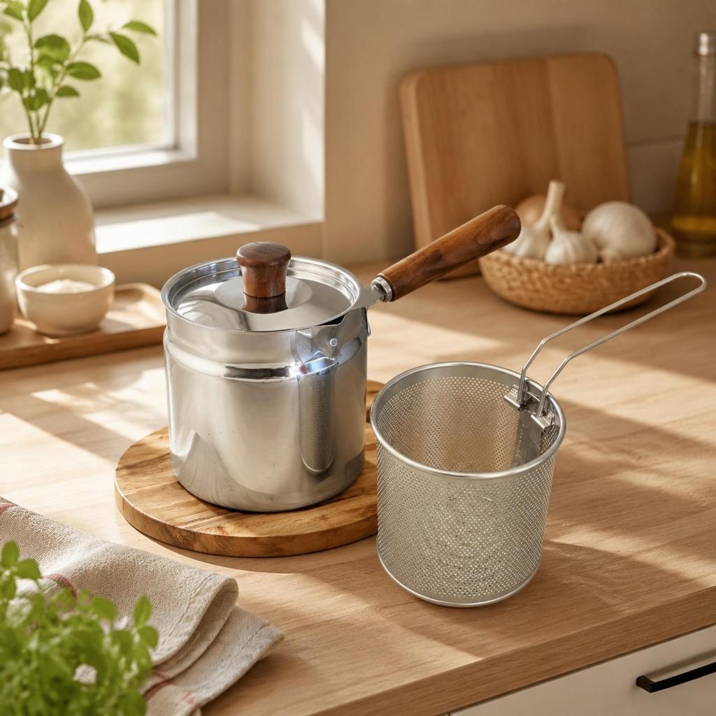 Stainless Steel Frying Pot Uncoated with Wooden-Look Handle Stovetop