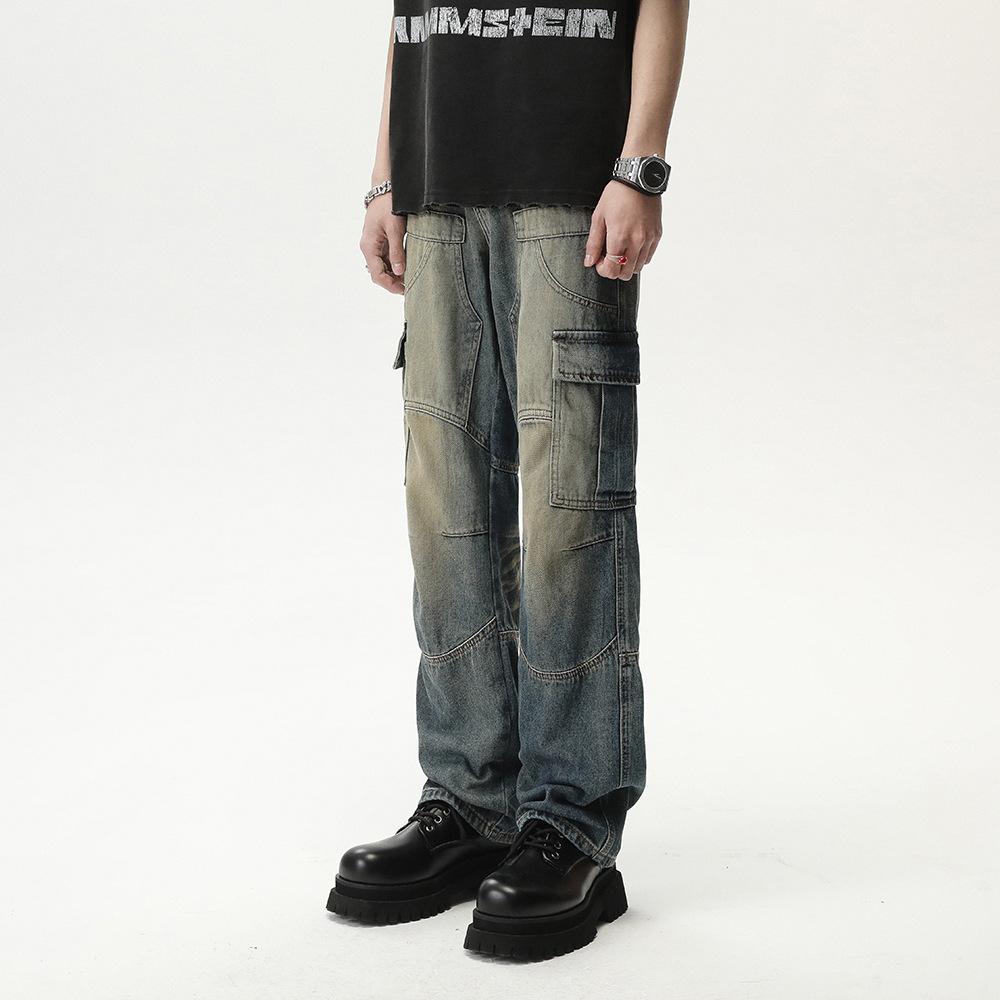 Tooling Jeans Men's Ins American High Street Loose Denim Straight Pants Old Washed Retro Multi-Pocket Pants