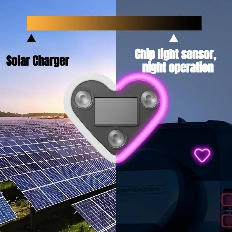 Automotive solar powered LED heart neon lights, car mounted wireless, interior triangular window atmosphere decorative lights
