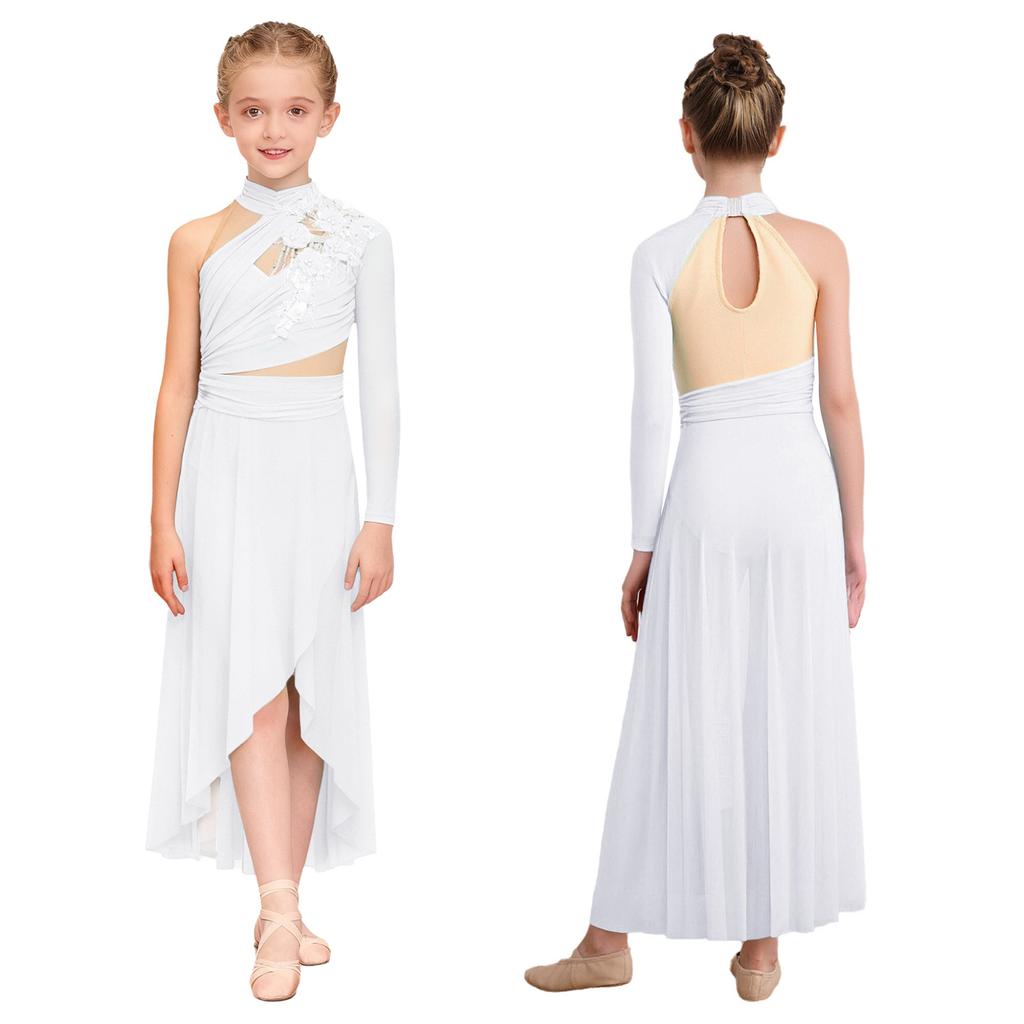 Sukienka do występu tanecznego lirycznego dla dziewczynek: Elegancka aplikacja z tyłem na klucz, rozcięciem z boku i asymetrycznym marszczonym designem z siateczki