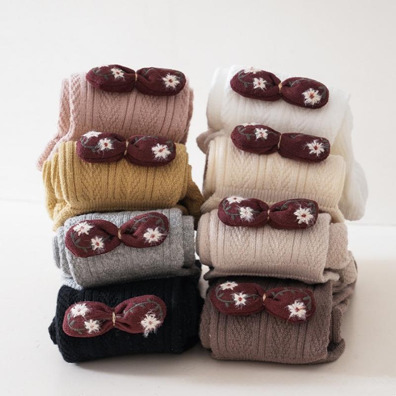 Lovely Baby Girls Trousers Solid Color Cartoon Trousers Knit Side Bowknot Trim Leggings Soft Warm Spring Autumn Cotton Tights