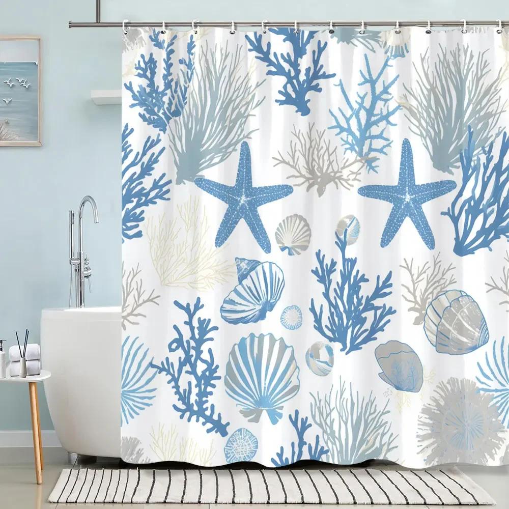 Turtle Shower Curtain Summer Beach Anchor Nautical Starfish Watercolour Art Creative Polyester Shower Curtains Bathroom Decor