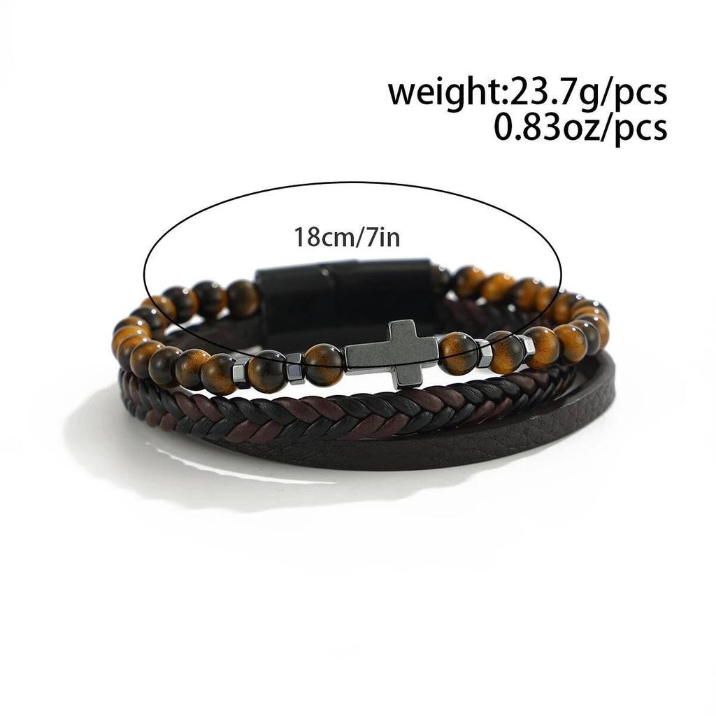 KunJoe Vintage Multi-Layer Woven Bracelet Men Punk Cross Charm Stainless Steel Bracelet Fashion Braided Wrap Wristbands Jewelry