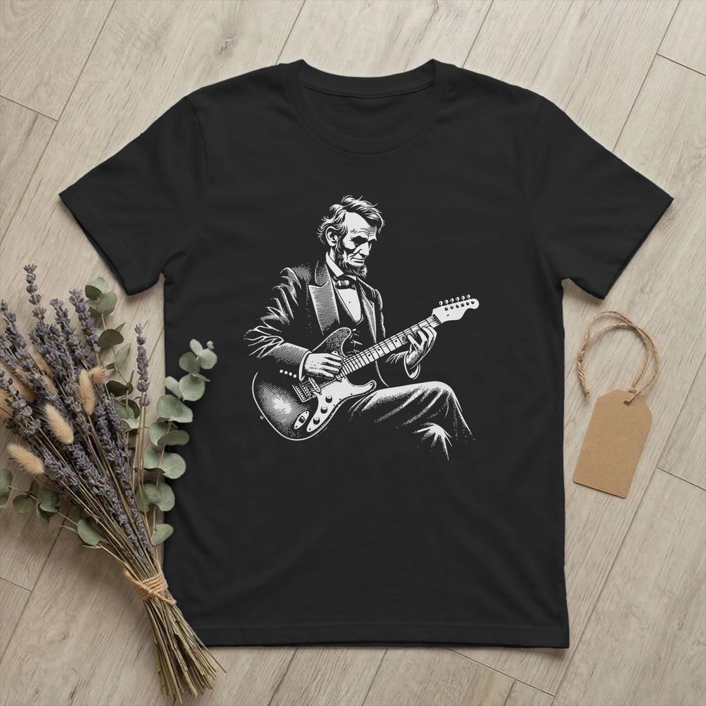 Unisexs TShirts Abraham Lincoln Playing Electric Guitar Funny Vintage Cotton Tee Short Sleeve T Shirts Crewneck Merch Printing