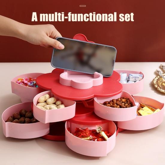 Multi-Layer Rotating Petal Snack Tray Divided Fruit Nut Holder with Lids Space-Saving Plastic Organizer for Home Kitchen Picnic