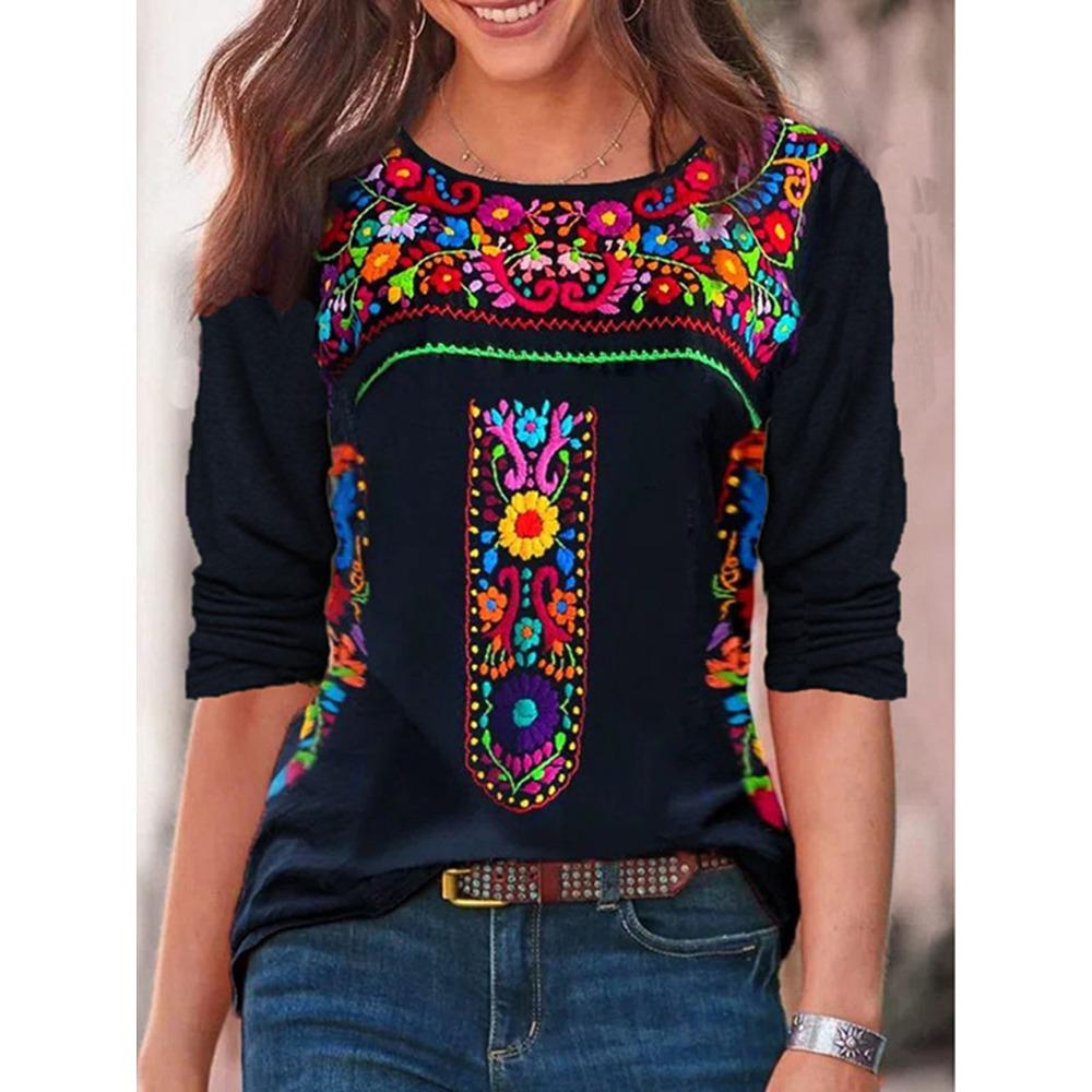Spring Autumn Women's T-shirt Bohemian Print Long Sleeved T-shirt for Women Nation Print T-shirt Casual Pullover Plus Size Women Clothing