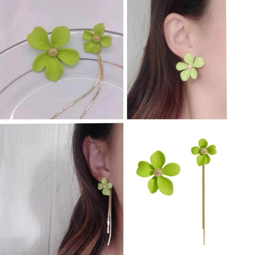 Asymmetrische grüne Quastenohrringe mit Blumen - S925 Silber, leichter Luxus für Frühling & Sommer