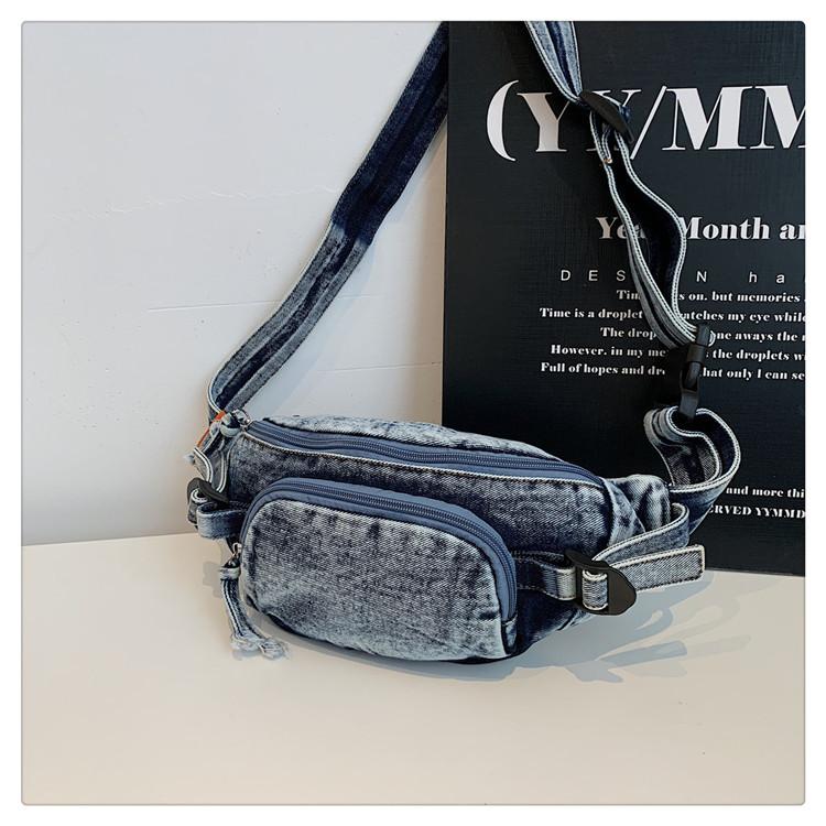 Damenmode Blau gewaschener Denim Hüfttasche Crossbody Brust Schultertasche Verstellbarer Riemen Reißverschlusstaschen Reise Sport