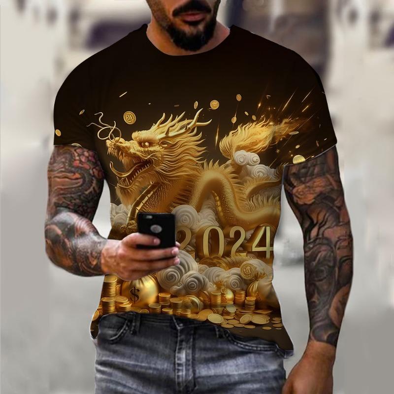 Men's Fashion China Golden Dragon 3D Printed T-shirt