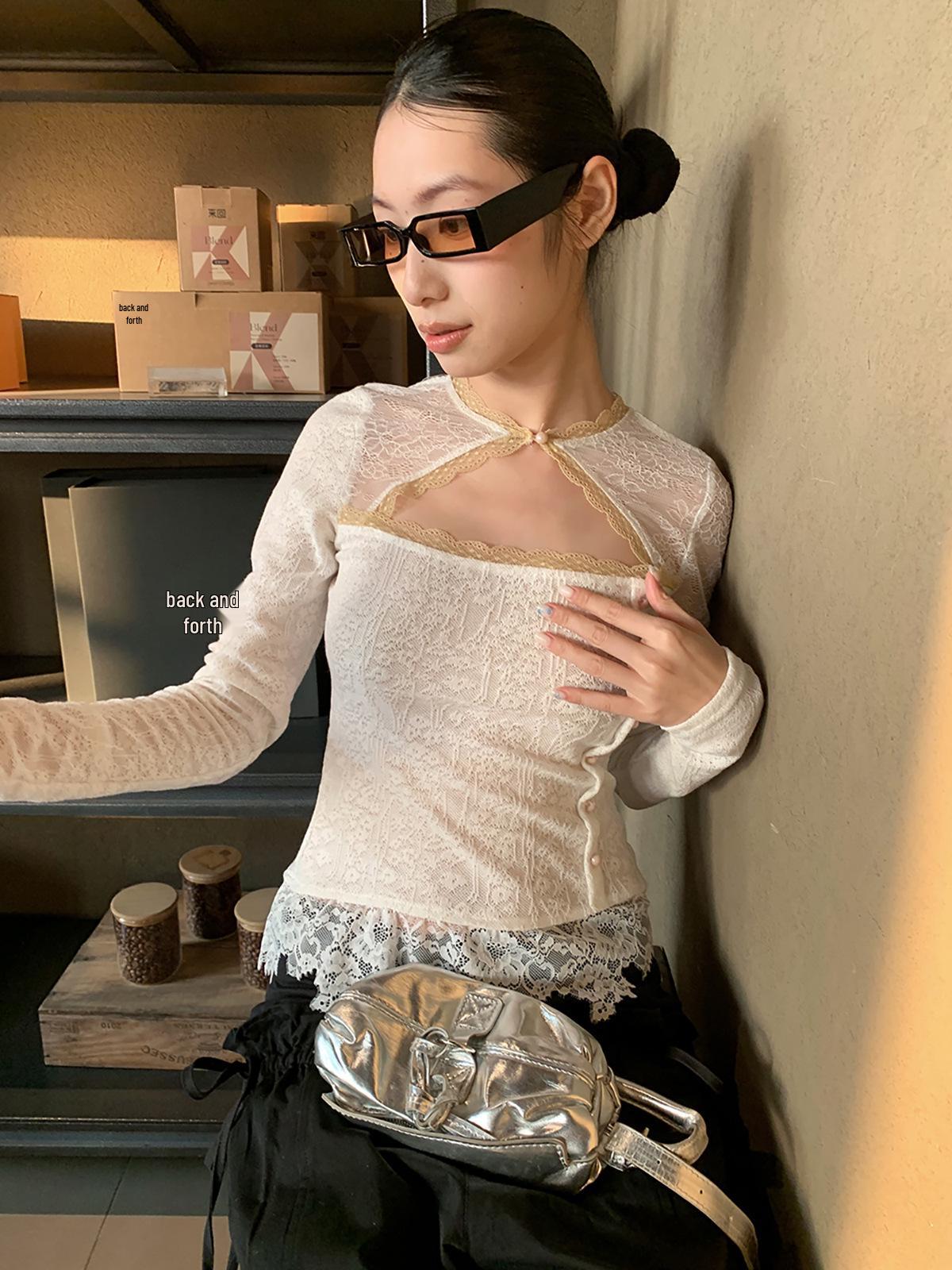 9-Hour Pure Desire Lace Patchwork Women s T-Shirt, Spring 2026 Jacquard Long-Sleeve Inner Top C3087 One Size кремовый/белый