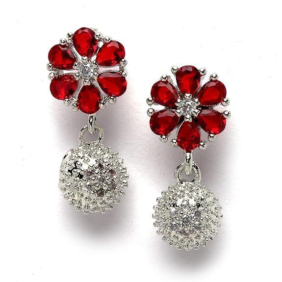 Rhodium-Plated Silver Toned Green Cubic Zirconia Studded Floral Shaped Cute Pendant with Earrings Jewellery Set for Girls and Women