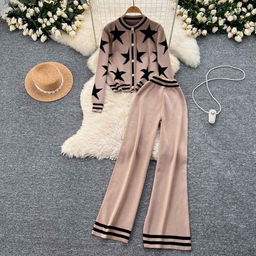 Korean Fashion Star Print Crew Neck Single-breasted Knitted Cardigan Sweater Jacket Women's High-waisted Casual Wide-leg Trousers