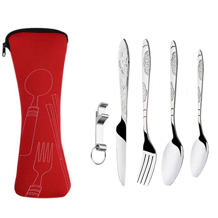 Tragbares Edelstahl-Besteckset - 5-teiliges Reisebesteck mit Messer, Gabel, Löffel und kleinem Löffel für Camping & Outdoor