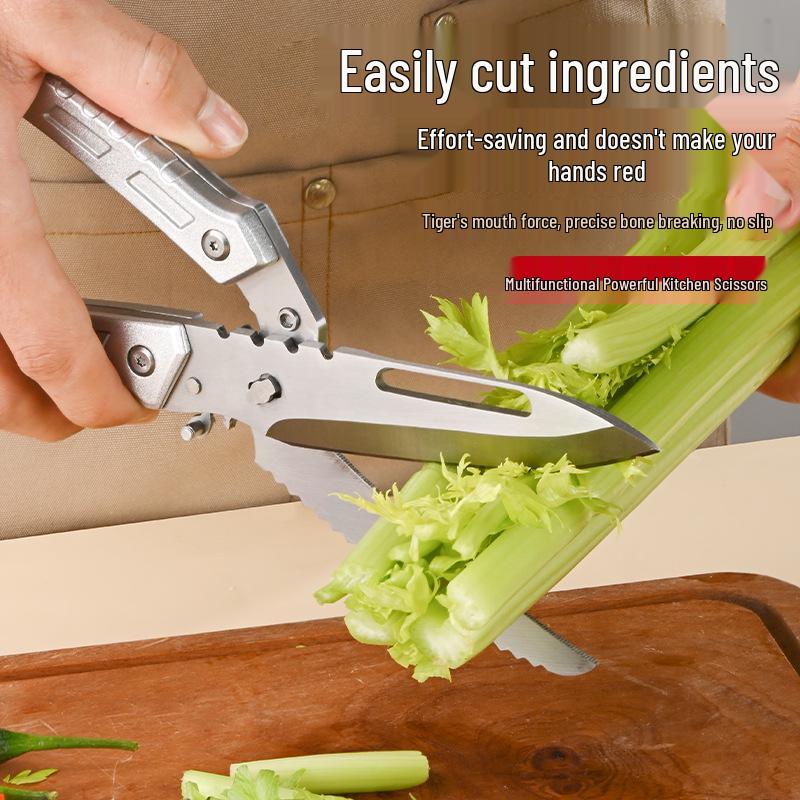 Multifunctional Kitchen Shears: Sharp Chicken Bone Scissors, Convertible Fruit Knife, and Auto-Rebound Scissors.