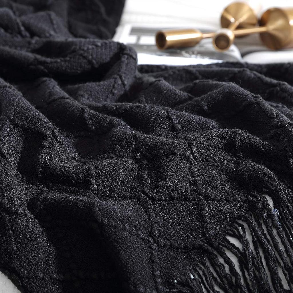 Gift Knitted Throw Blankets For Couch And Bed, Soft Cozy Knit Blanket With Tassel, Black Lightweight Decorative Blankets Throws