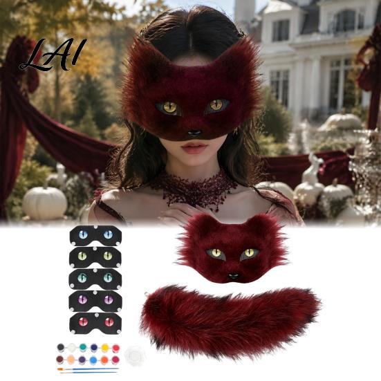 Comfy Fluffy Masque for Parties DIY Therian Kit Plush Furry Fox/Cat Animals with Realistic Fox Tail Eye Mesh Christmas Halloween Masquerade Cosplay