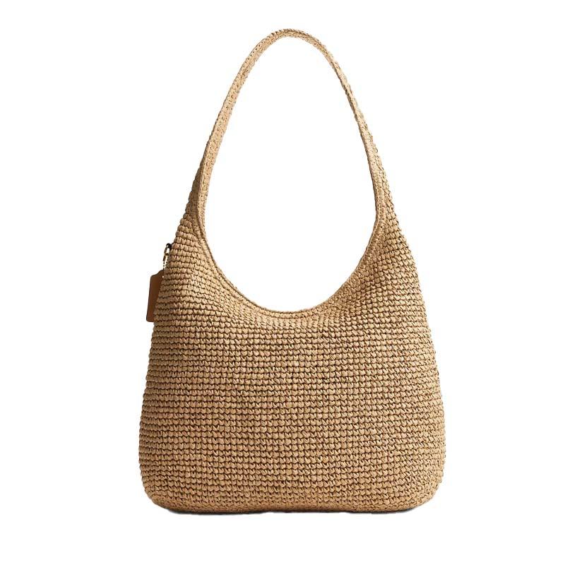 Coach Brooklyn 34 Magnetic Closure Straw And Calfskin Shoulder Bag Large Women Shoulder Bag Light-Brown CDZ38-B4NA