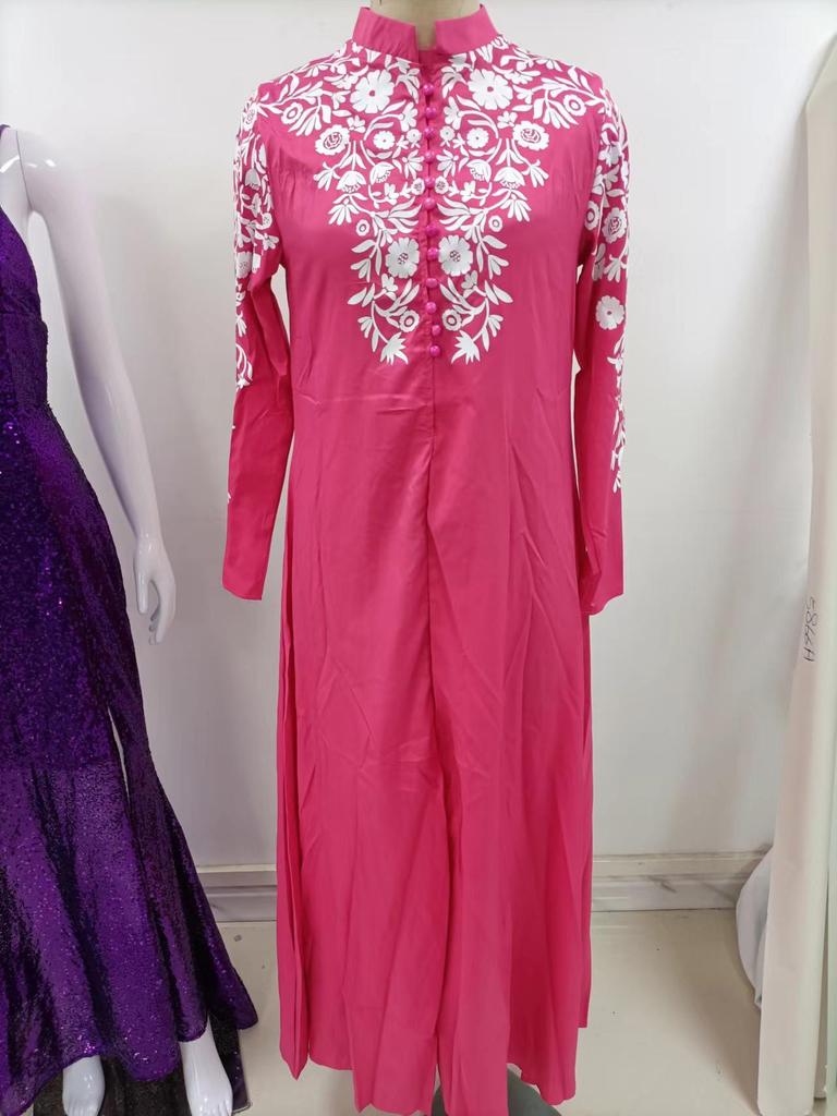 2025 Ethnic Style Muslim Women's Long Sleeve Stand Collar Printed Swing Dress PP1491
