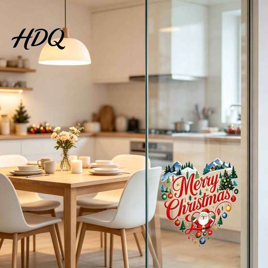 Holiday Glass Clings Merry Christmas Window Cling Heart Shaped Sticker with Santa Claus Xmas Door Stickers Tree Balls Winter Static PVC Decal