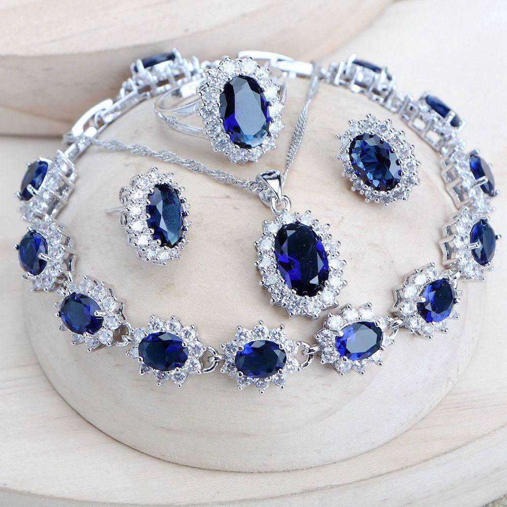 Srebro 925 Zestawy biżuterii ślubnej dla kobiet Niebieska cyrkonia Kostium Fine Jewelry Naszyjnik ślubny Kolczyki Pierścionki Bransoletki Zestaw wisiorków