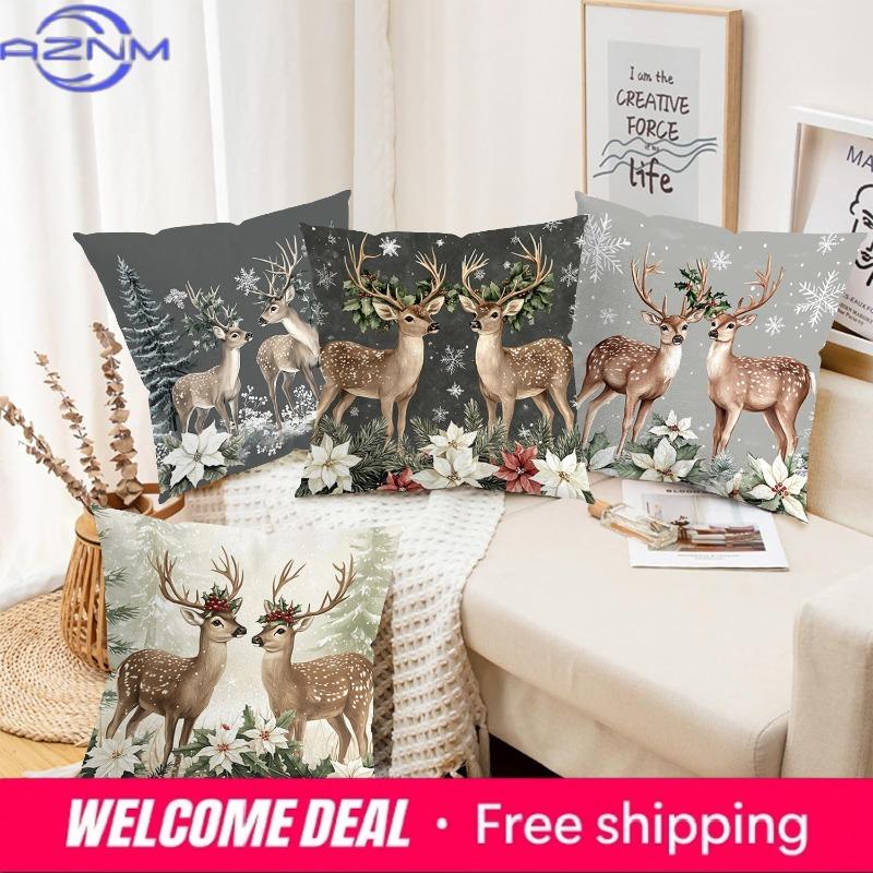 2D Flat Printing Christmas Deer Pillows With Snowflake And Flowers Polyester Pillowcase, Sofa Decorative Cushion Cov