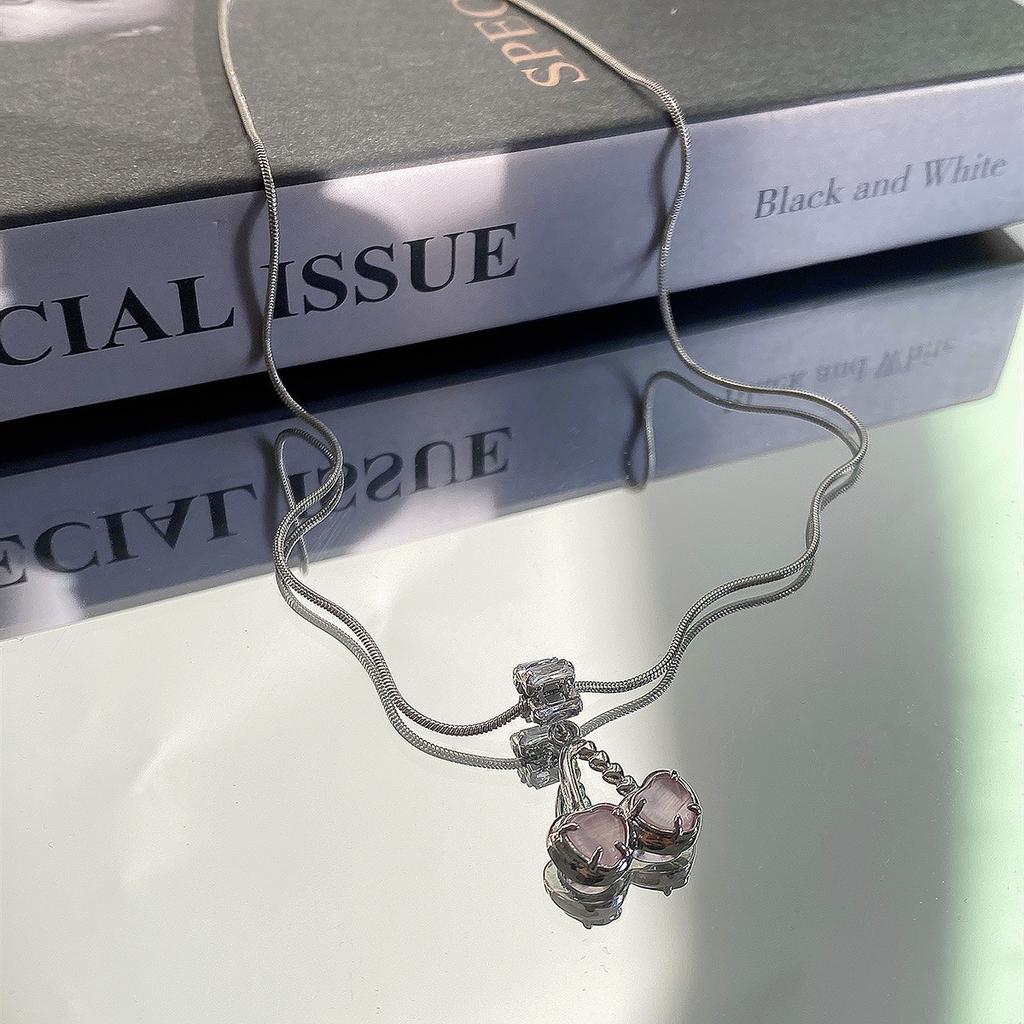 Pink Cherry Snake Bone Necklace Female Sweet and Cute Sweater Chain Light Luxury Premium Niche Design Neck Chain