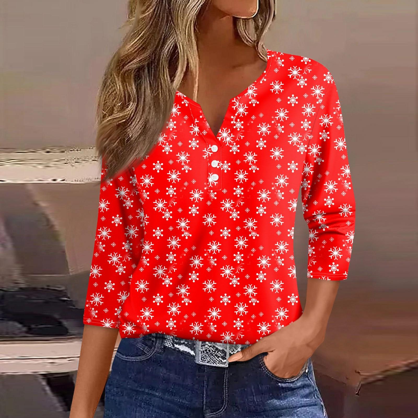 

Женская футболка с рождественским принтом, на пуговицах, рукав 3/4, повседневная мода на выходные, базовый топ с V-образным вырезом M красный