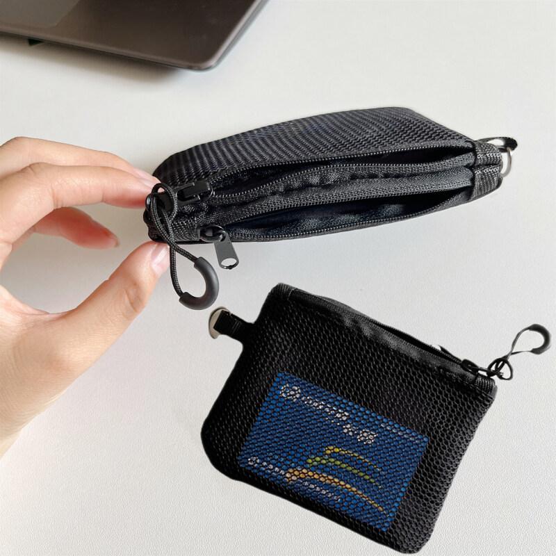 Double Zipper Mesh Earphone Protection Bag Coins Storage Keys Credit Card Holder Pouch Travel Wallet with Lanyard