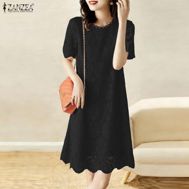ZANZEA Vestido Casual de Mujer con Cuello Redondo y Manga Corta con Encaje Patchwork