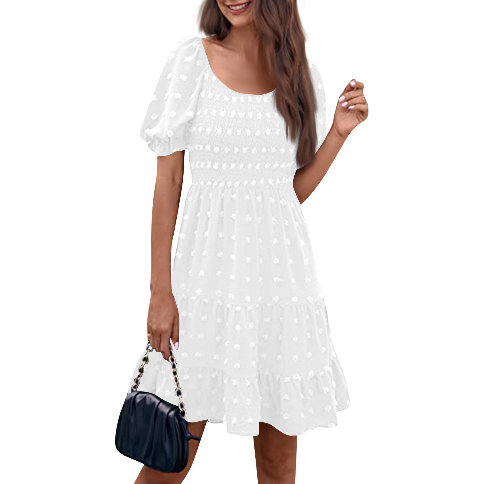 

Женские модные повседневные однотонные платья с квадратным вырезом и коротким рукавом в горошек S белый