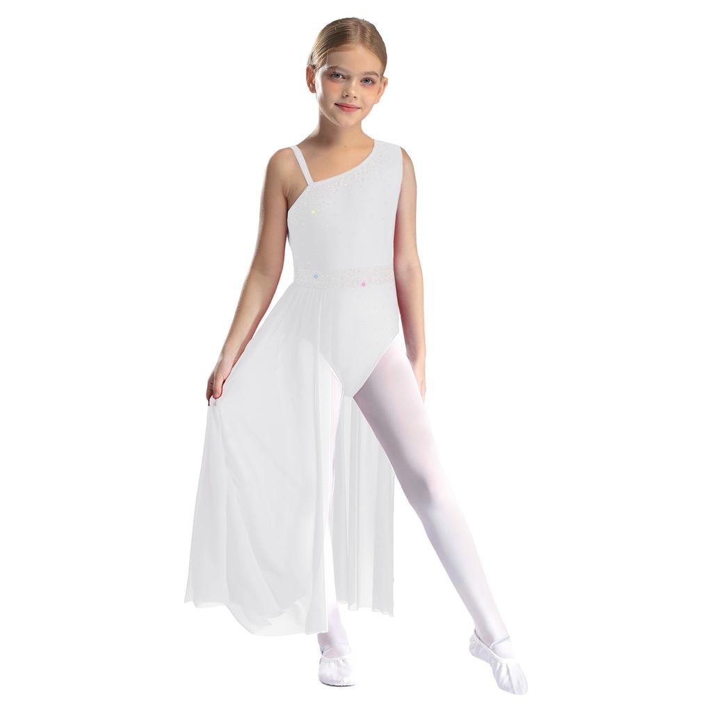 Girls Glittery Lyrical Dance Costume Colorful Rhinestones Asymmetrical Shoulder Sleeveless Sheer Mesh Skirted Leotard