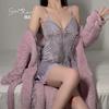 Women's Plus Size Velvet Padded Cami Sleep Dress with Robe Lounge Set