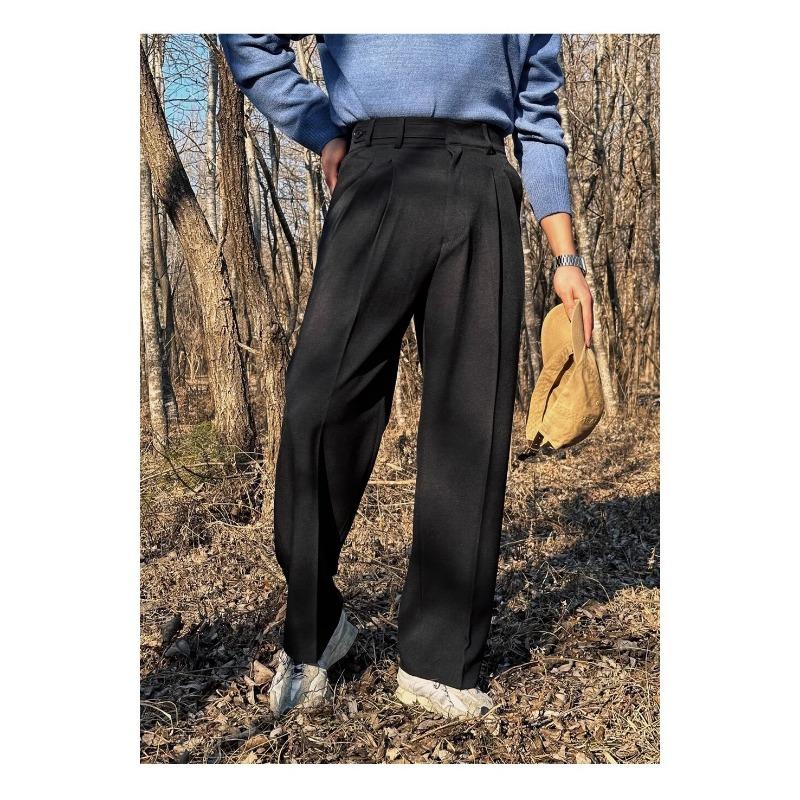 Men High Waist Double Pleated Loose Straight Non Iron Casual Suit Trousers