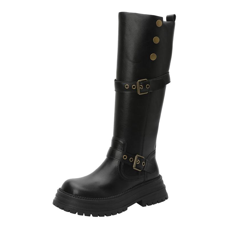 Retro But Knee-high Boots, Children's Autumn and Winter New British Thick-soled Heightening Belt Buckle Two Wear Thin Martin Boots