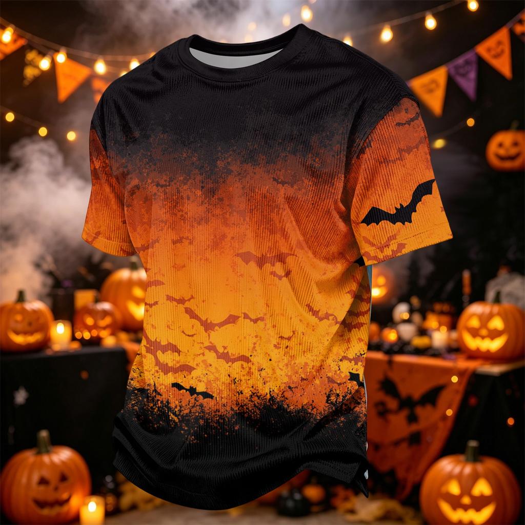Men's Casual Corduroy Short Sleeve Lightweight Breathable Round Neck Shirt Halloween Print Design Suitable for Everyday Wear