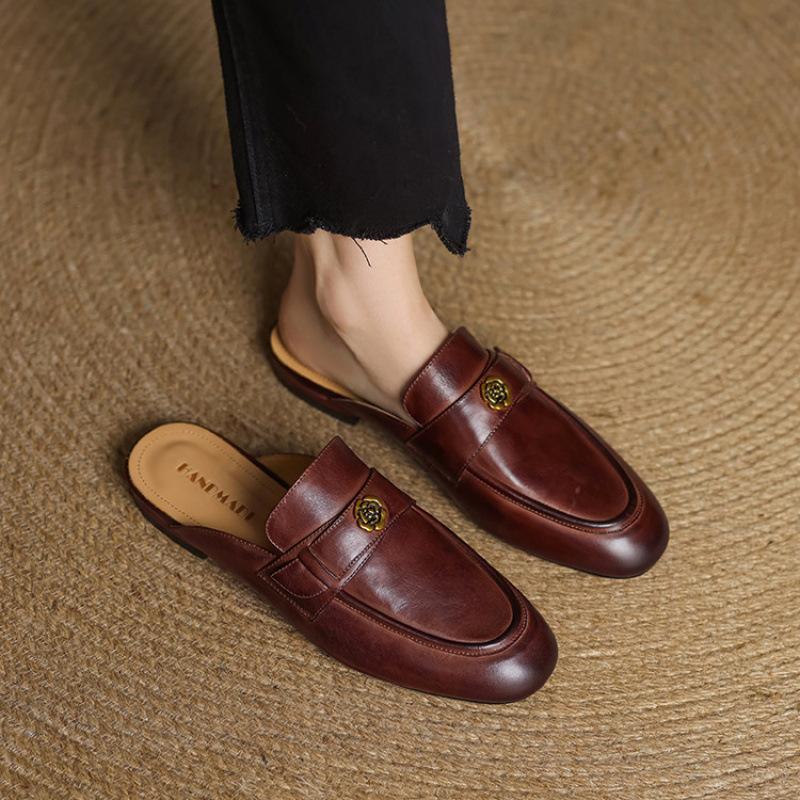 Summer Camellia Slippers Women's New Bag Head Slippers French Retro One-pedal Lazy Shoes Soft Sole Versatile Low Heel