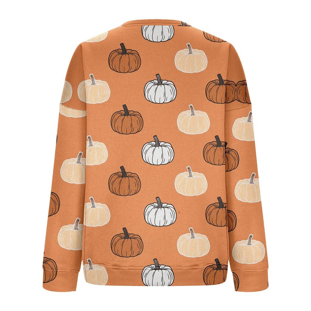 Women's Fashion Side Split Round Neck Pullover Long Sleeve Halloween Printed Top Sweatshirt