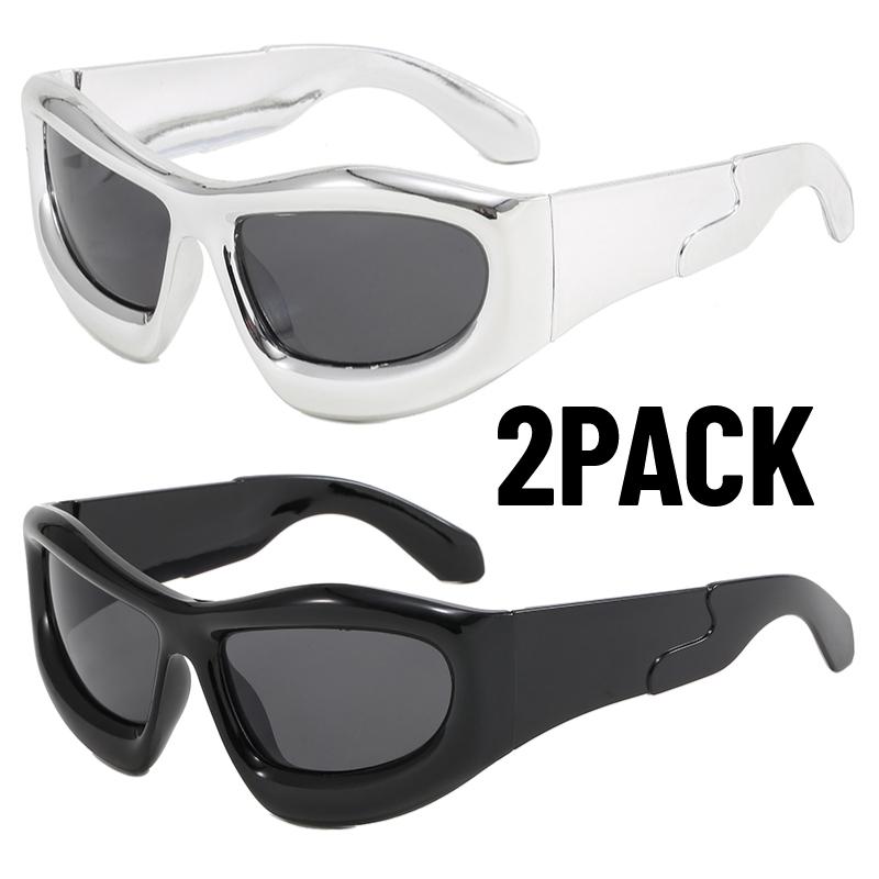 2PACK Trendy Men Cycling Climbing Glasses UV400 Protection High-end Silver Sunglasses Fashionable Square Frame