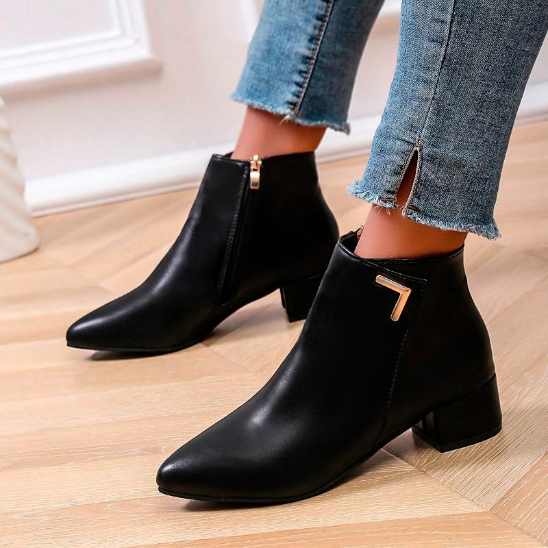 Soft Leather Booties Women's Pointed Toe Spliced Metal Buckle Side Zipper Anti-Slip Wear-Resistant Block Heel Boots